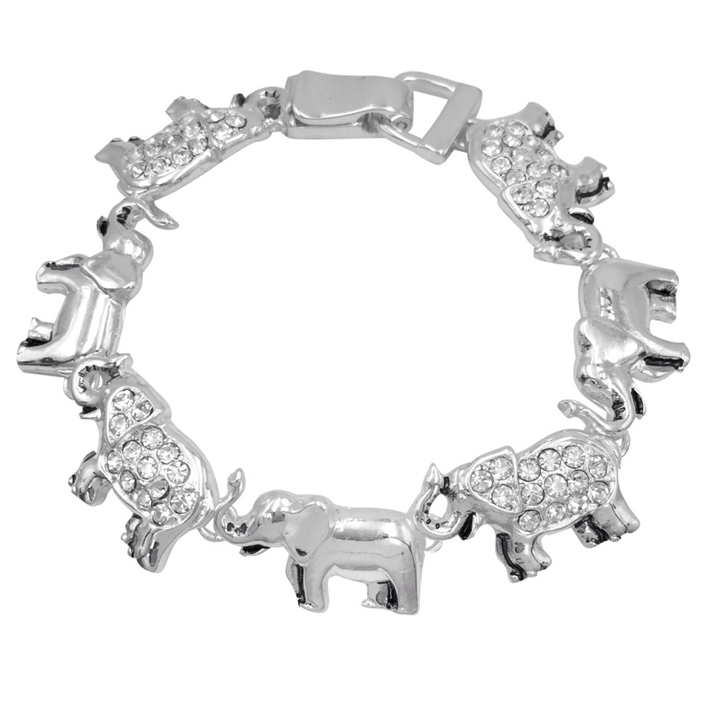 Elephant Silver Tone Rhinestone Magnetic Clasp Bracelet